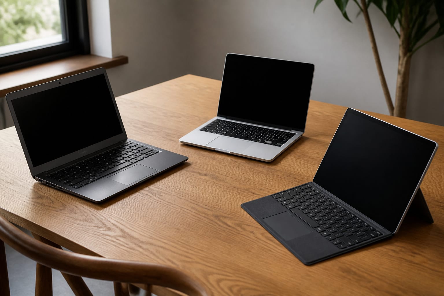 Three laptops of different types on a table