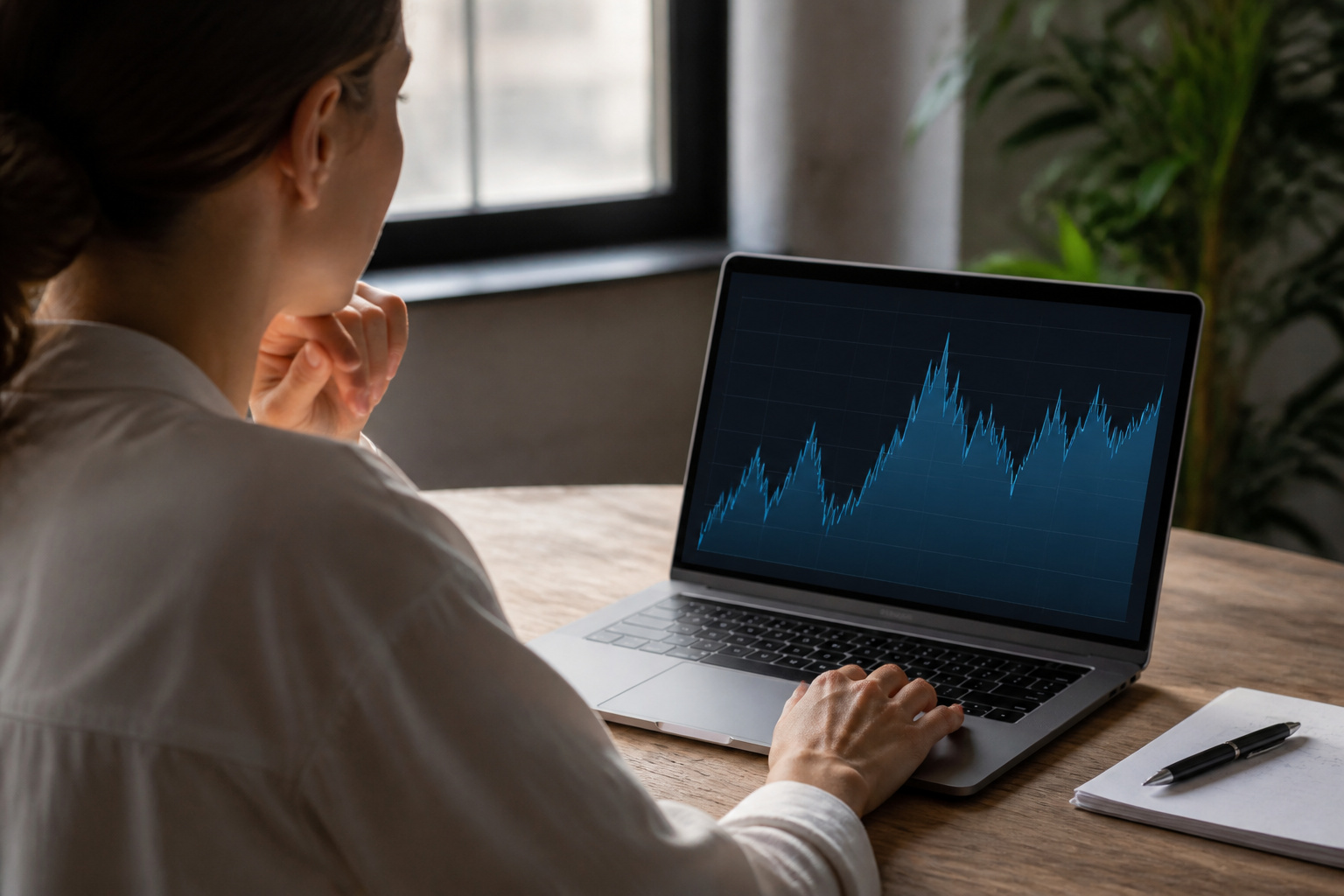 A person studying a performance graph on a laptop