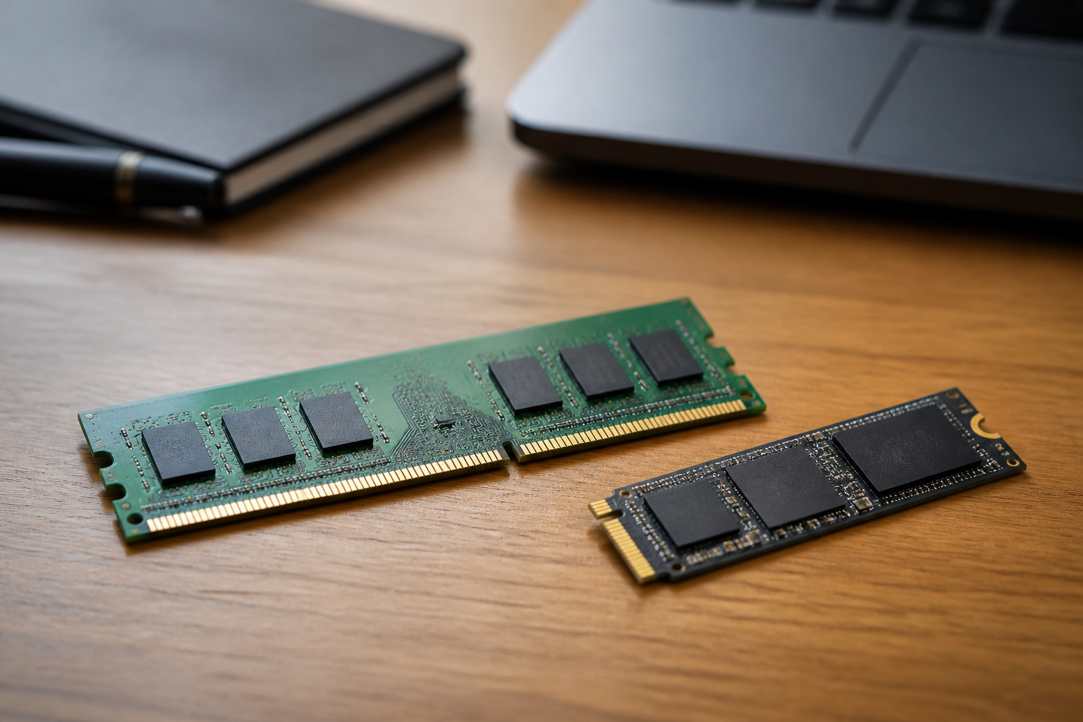 A memory module and a small SSD on a desk