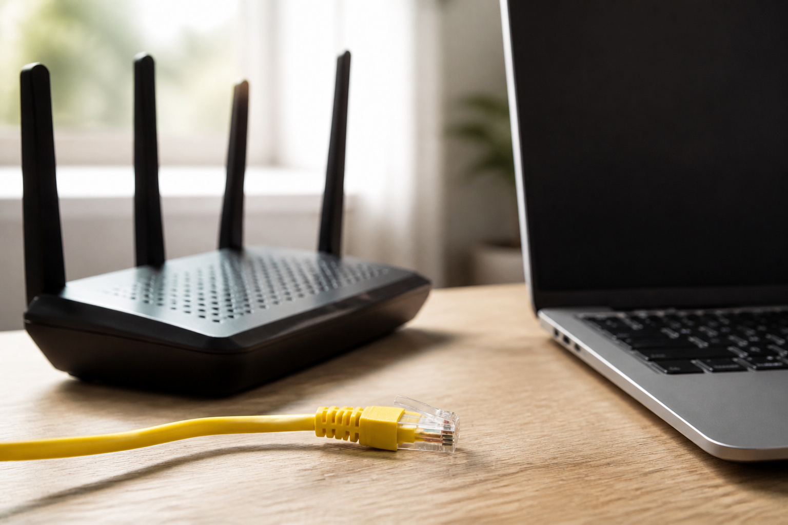 A Wi-Fi router and an Ethernet cable beside a laptop