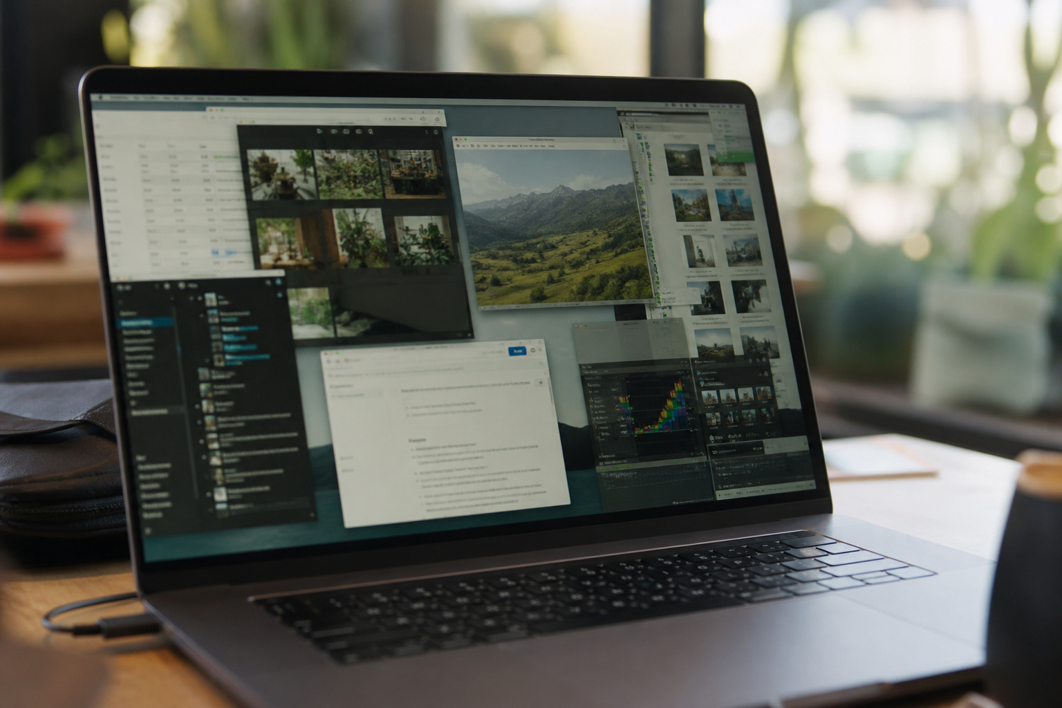 A laptop screen with many small app windows
