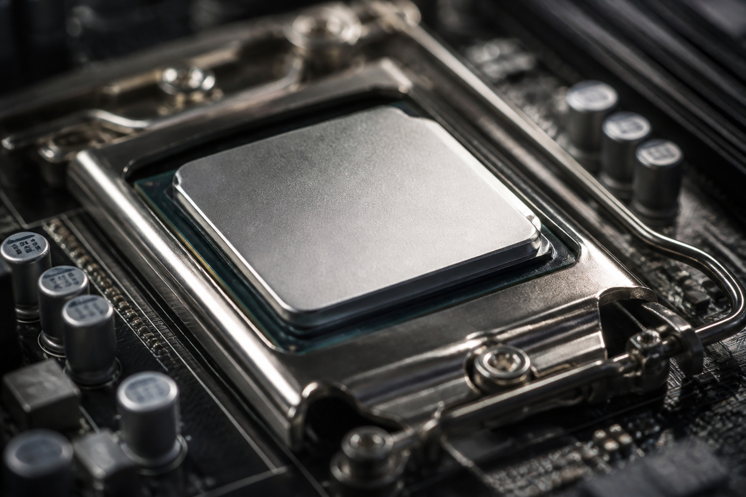 A close-up of a processor chip with light reflections