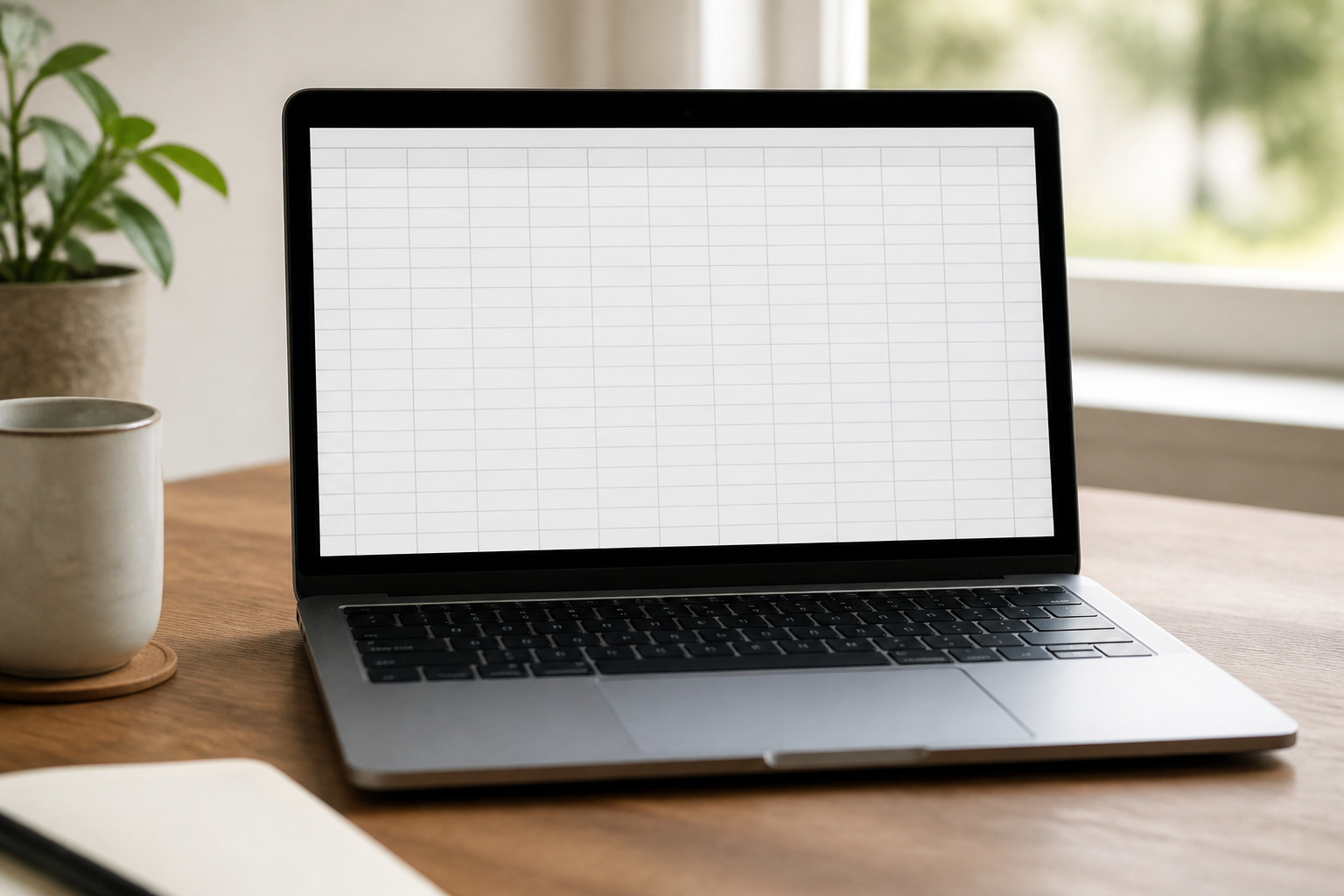 A laptop showing a plain spreadsheet grid
