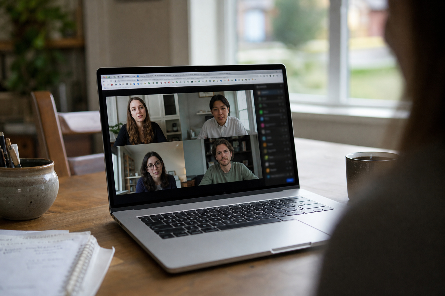 A laptop with many browser tabs and a video call open