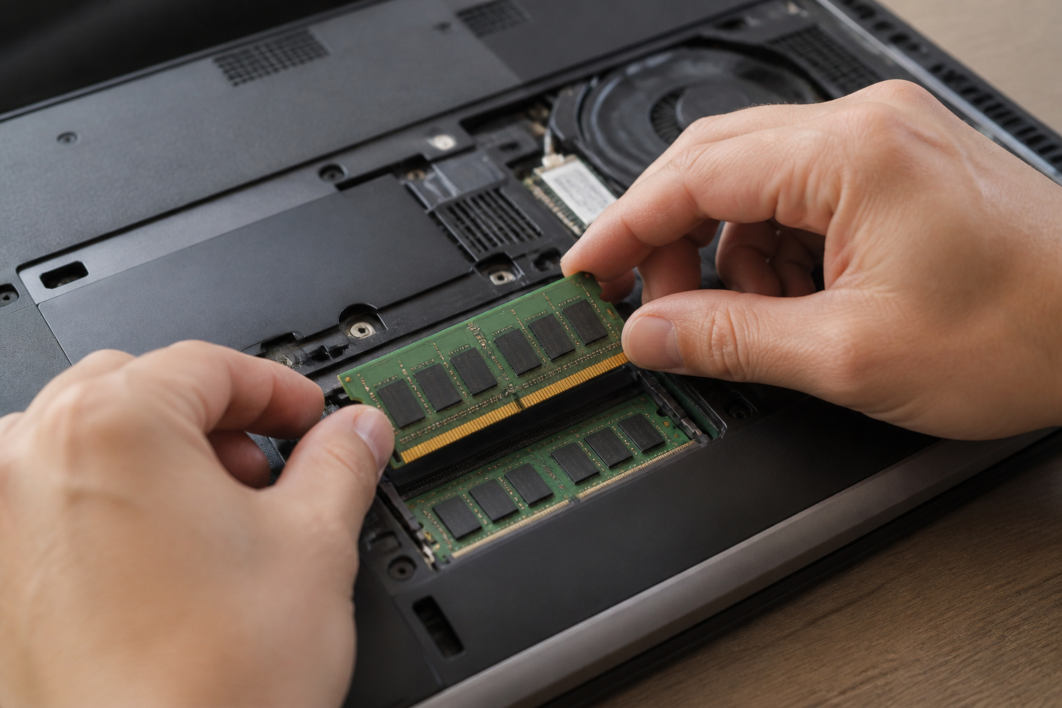 Hands sliding a memory module into a laptop slot