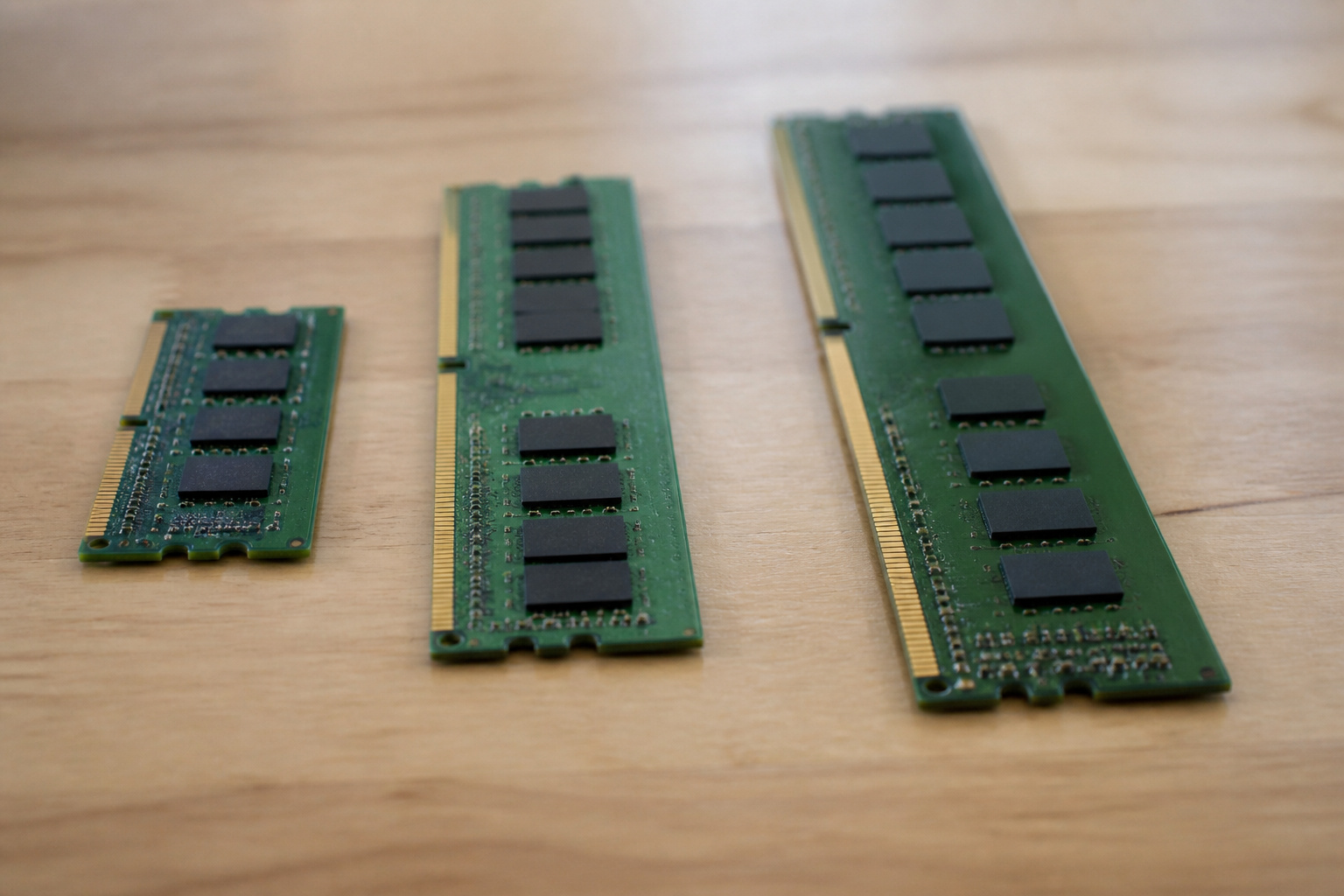 Three memory modules of different sizes lined up