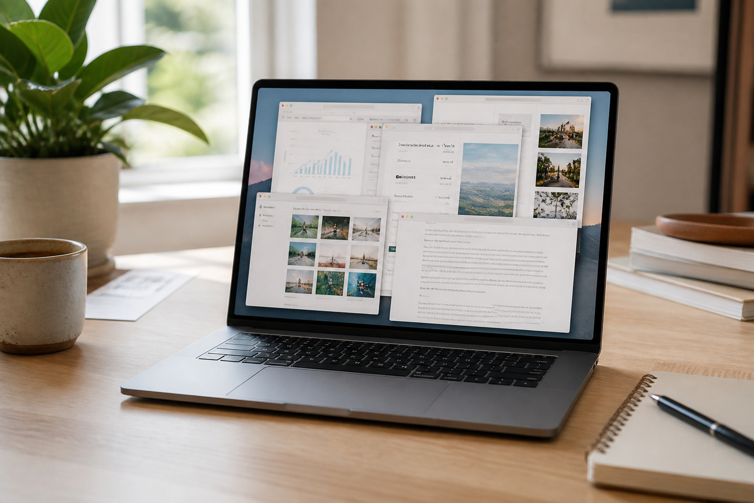 A laptop with many windows open on a bright desk