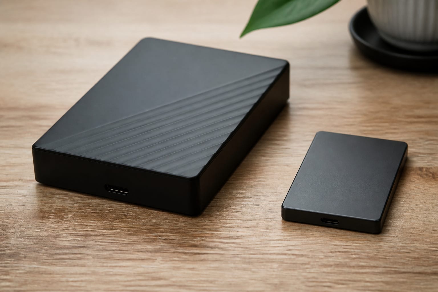An external hard drive and a small SSD side by side