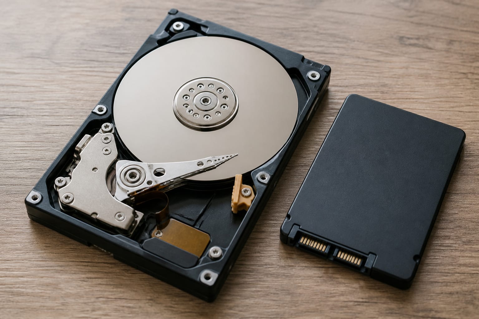 An opened hard drive showing its platter beside a small SSD