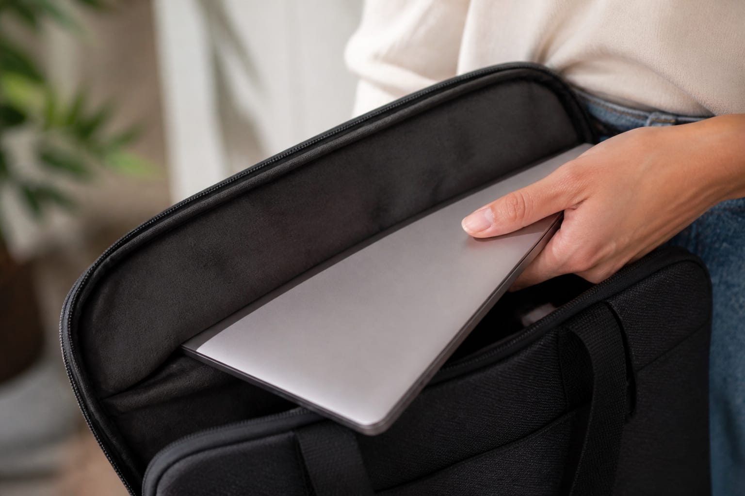 A laptop being carried in a bag with a soft sleeve