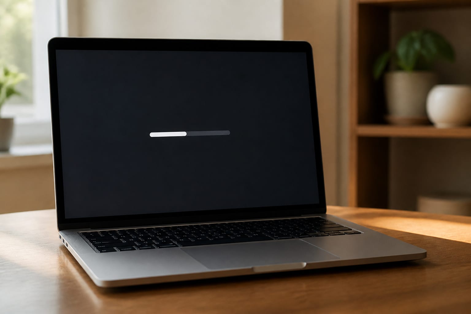 A laptop starting up with a simple loading bar
