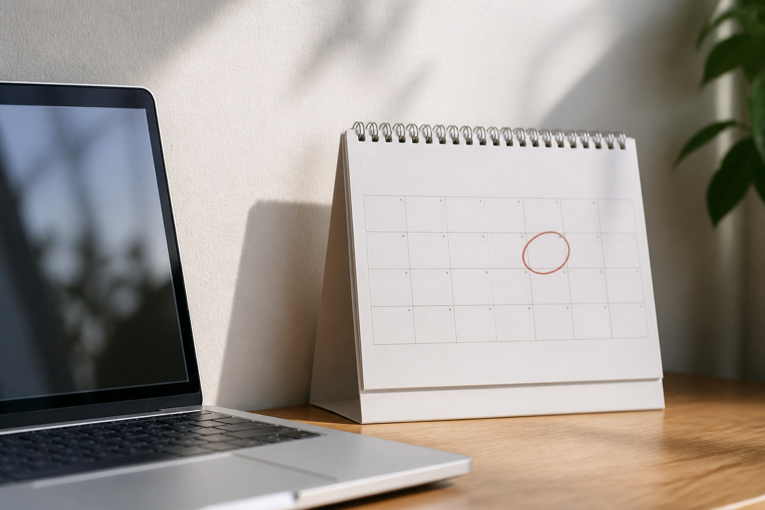 A laptop beside a wall calendar with a date circled