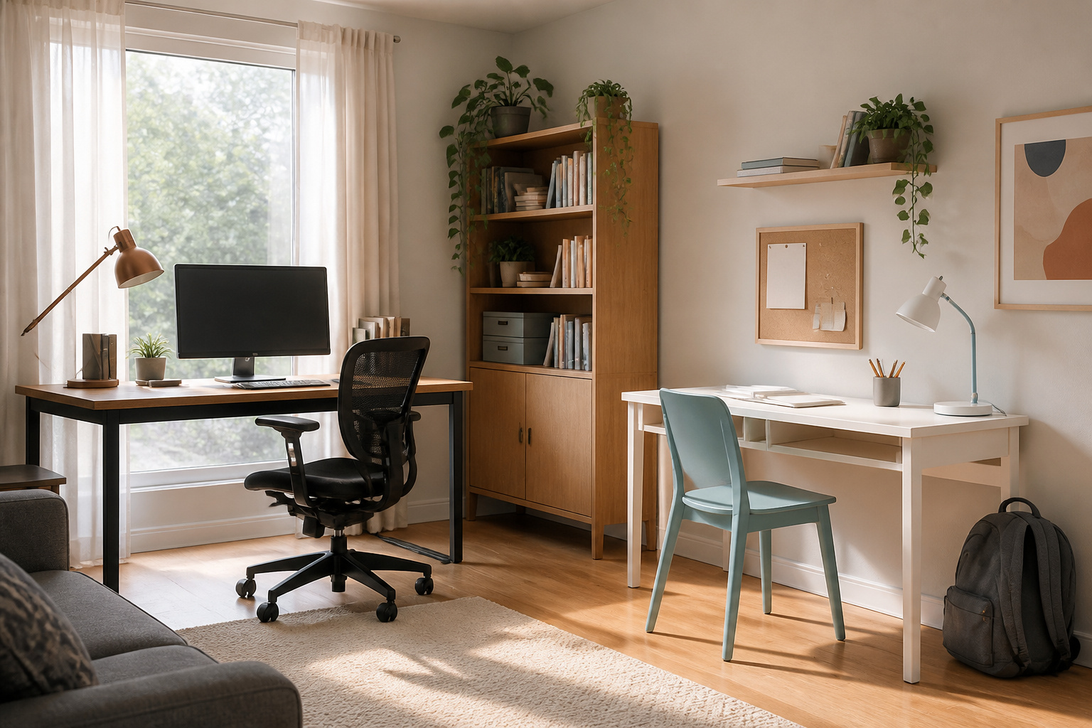 A home office corner and a student desk side by side in one bright room