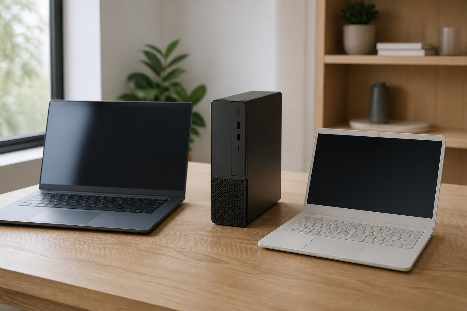 A laptop, a small desktop tower, and a light Chromebook arranged on a table
