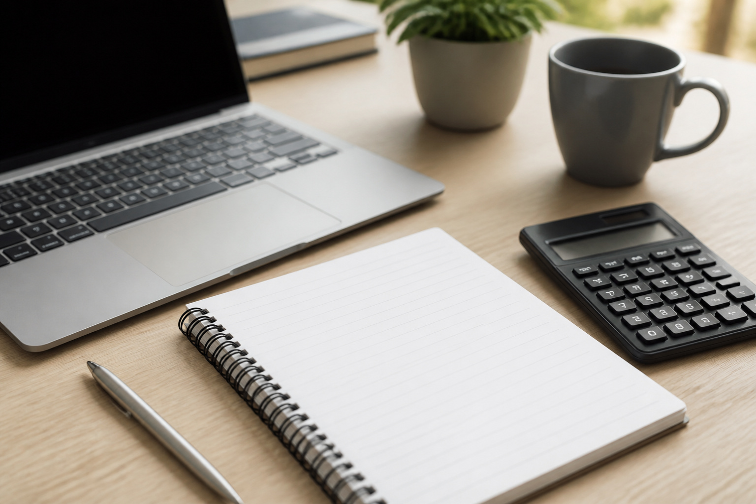 A calculator, notepad and laptop on a tidy desk