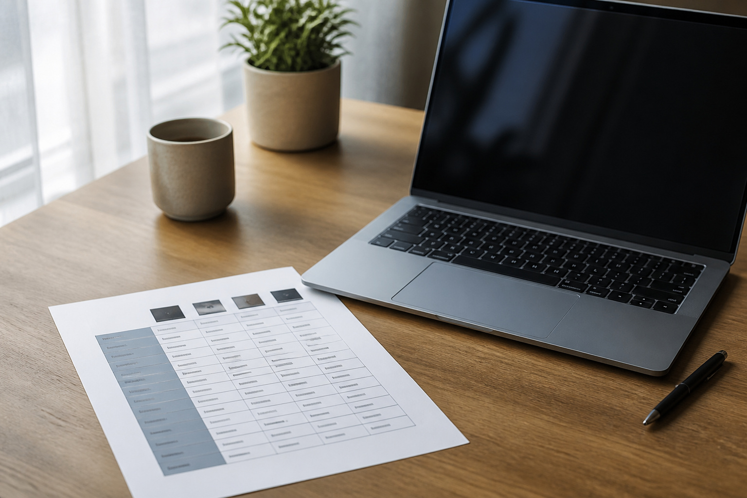 A laptop beside a printed spec comparison sheet with unreadable text