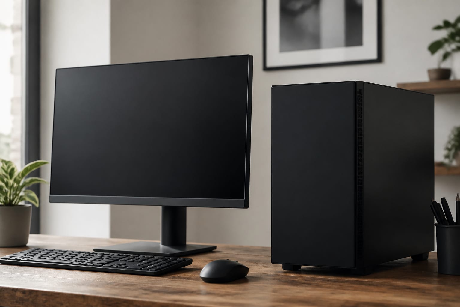 A desktop tower with a monitor on a desk