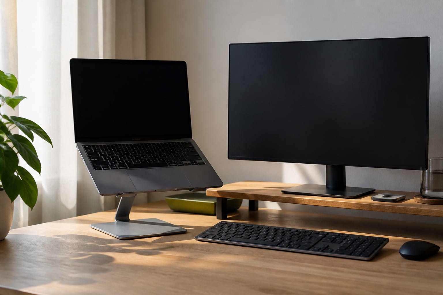 A laptop on a stand with an external keyboard and monitor