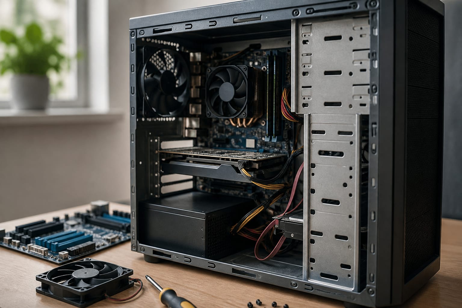 An opened desktop case with exposed parts
