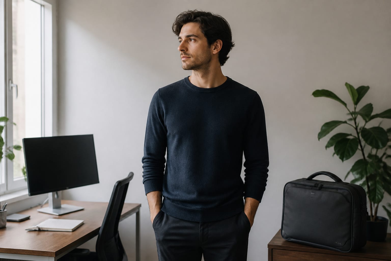 A person standing between a desk setup and a laptop bag