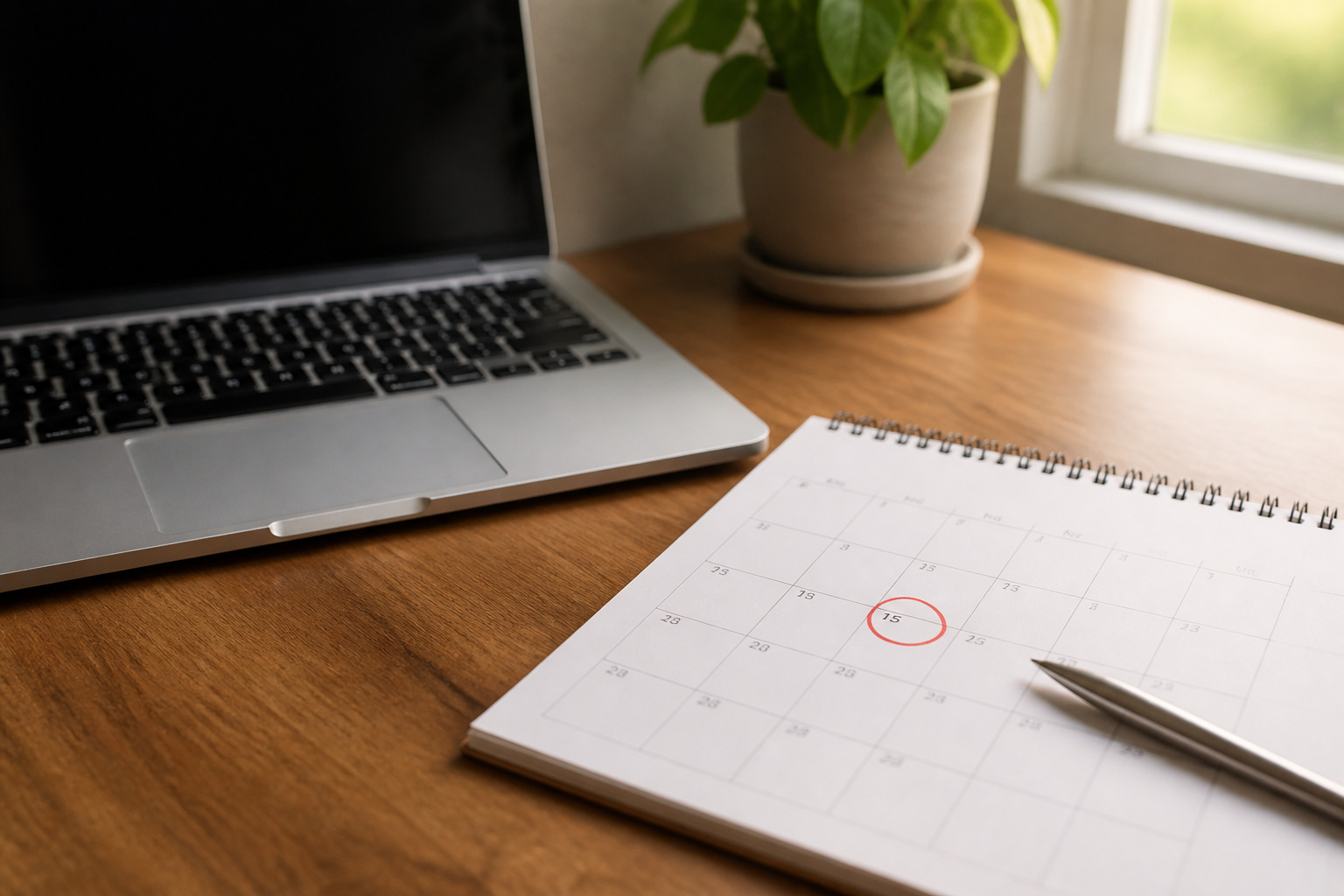 A laptop beside a calendar with a date circled
