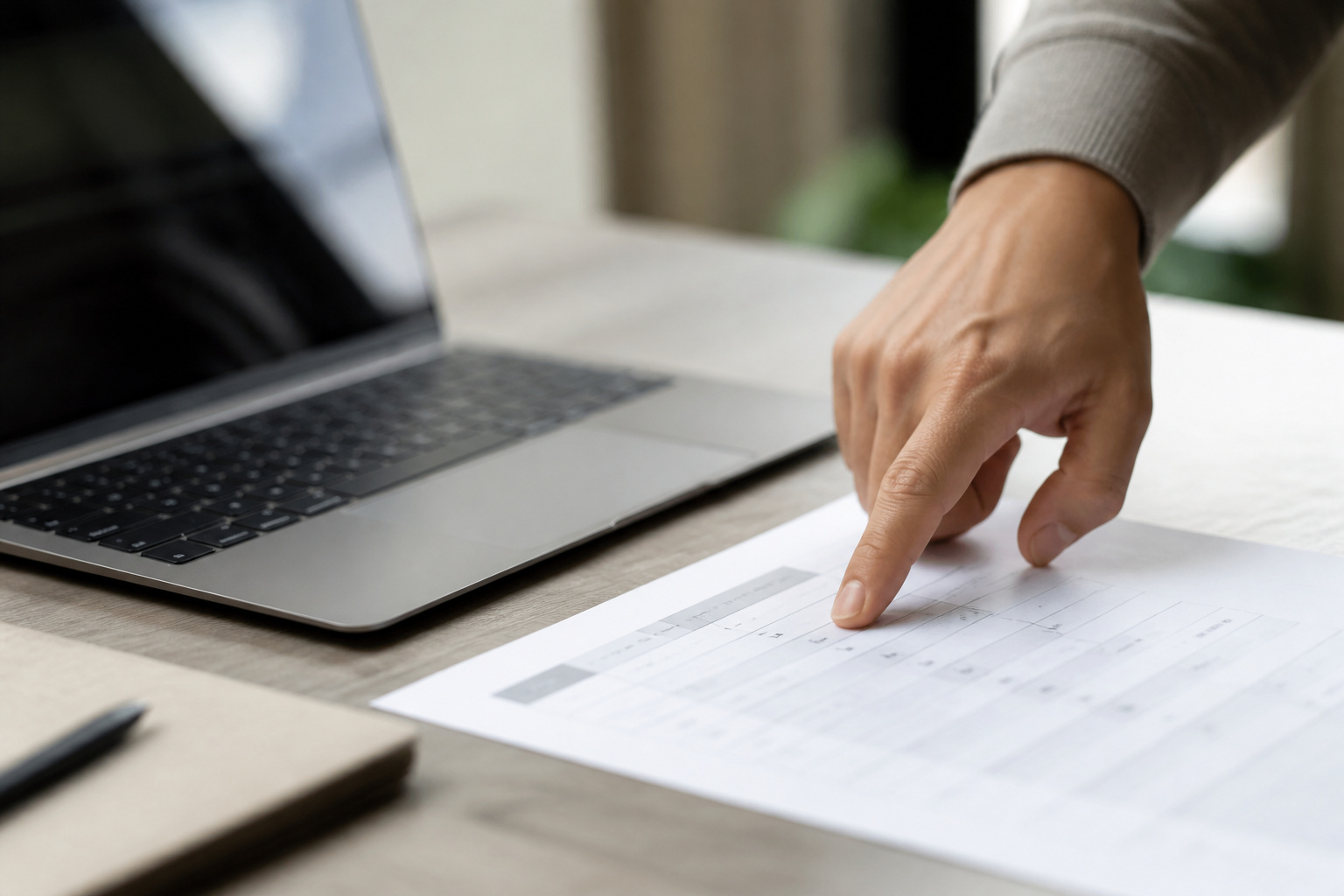 A hand pointing to a printed spec sheet beside a laptop