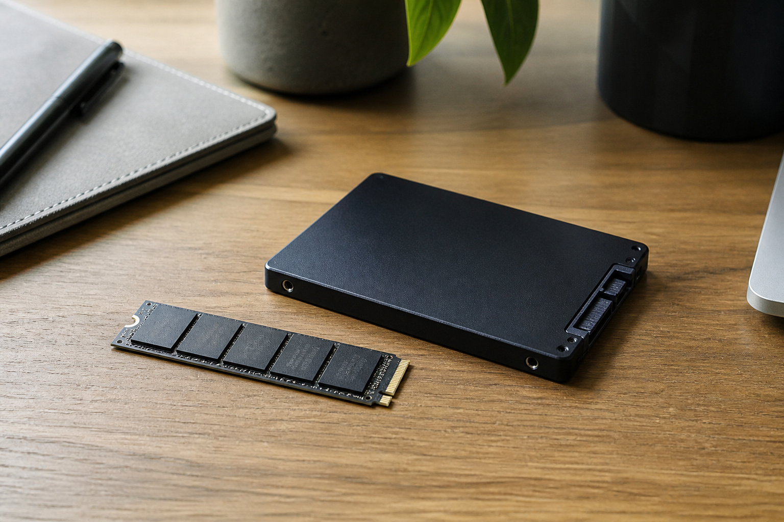 An SSD and a memory module laid out on a desk