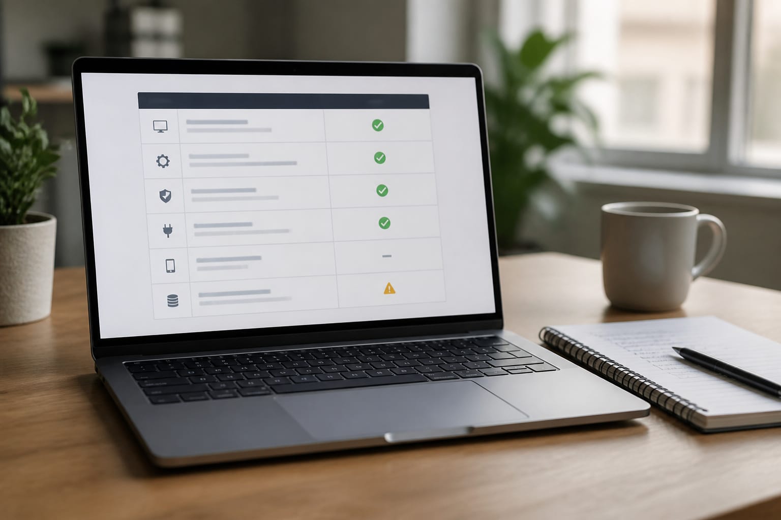Laptop with a compatibility checklist beside a notepad