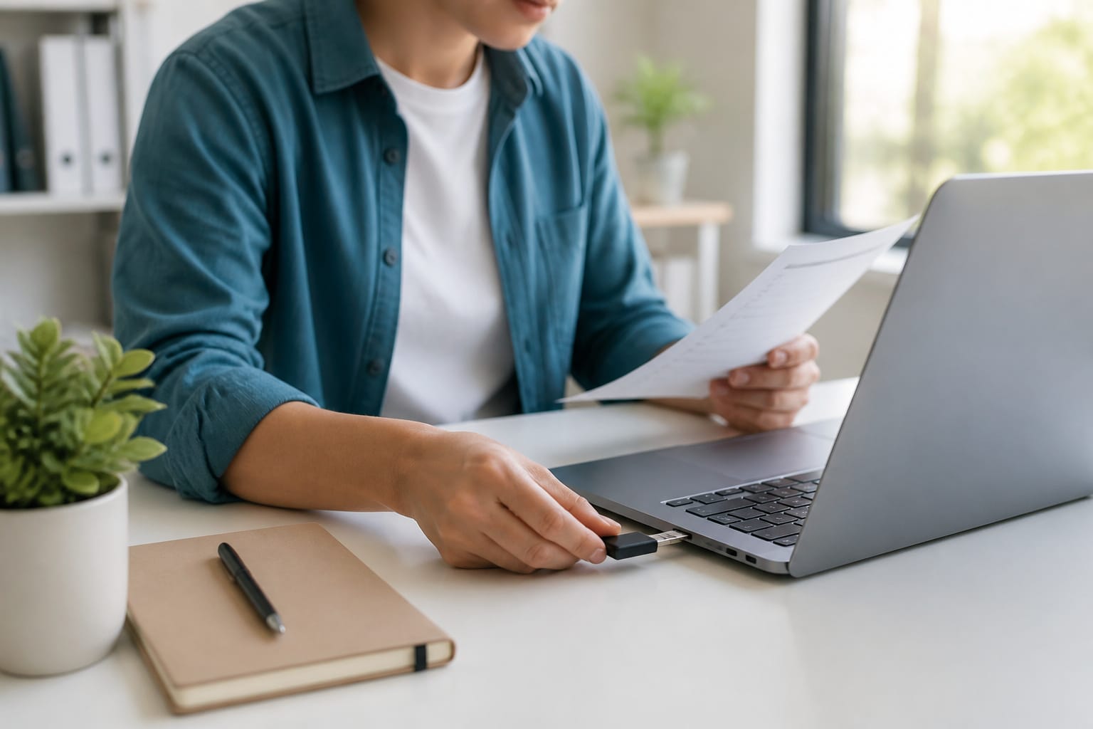Person testing a laptop port with a USB drive