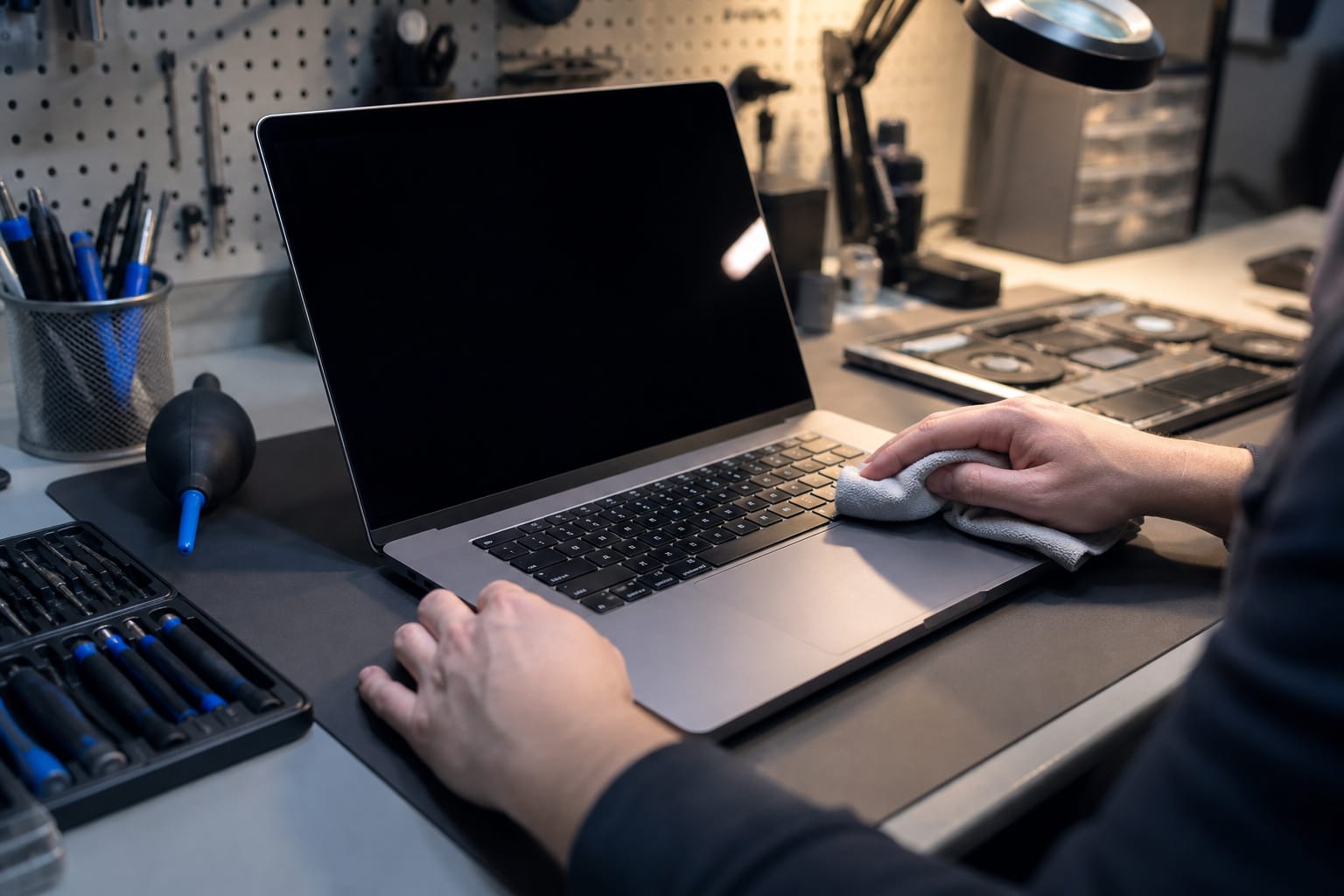 Technician bench with a laptop being tested and cleaned