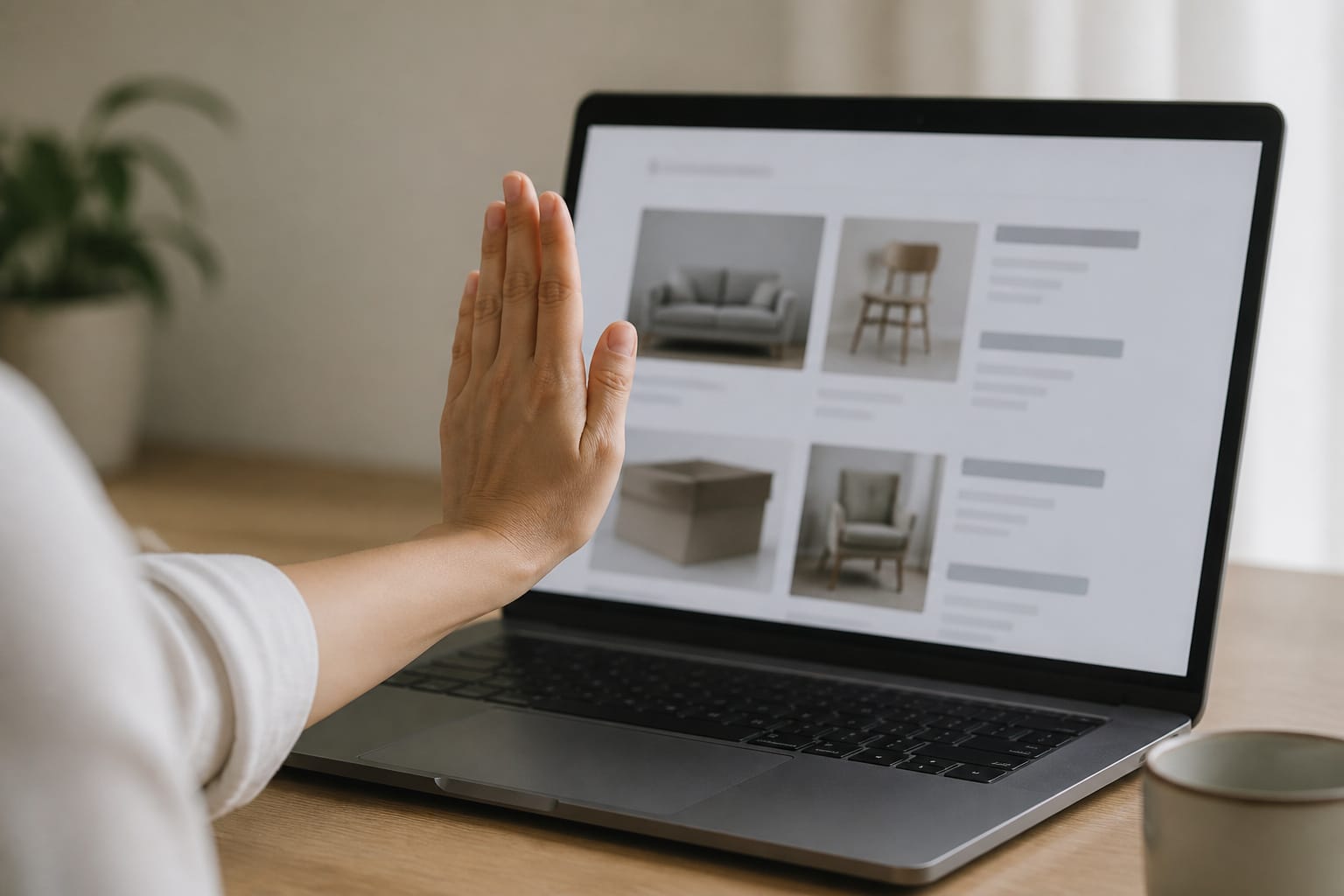 Hand pushing away a laptop showing a vague listing