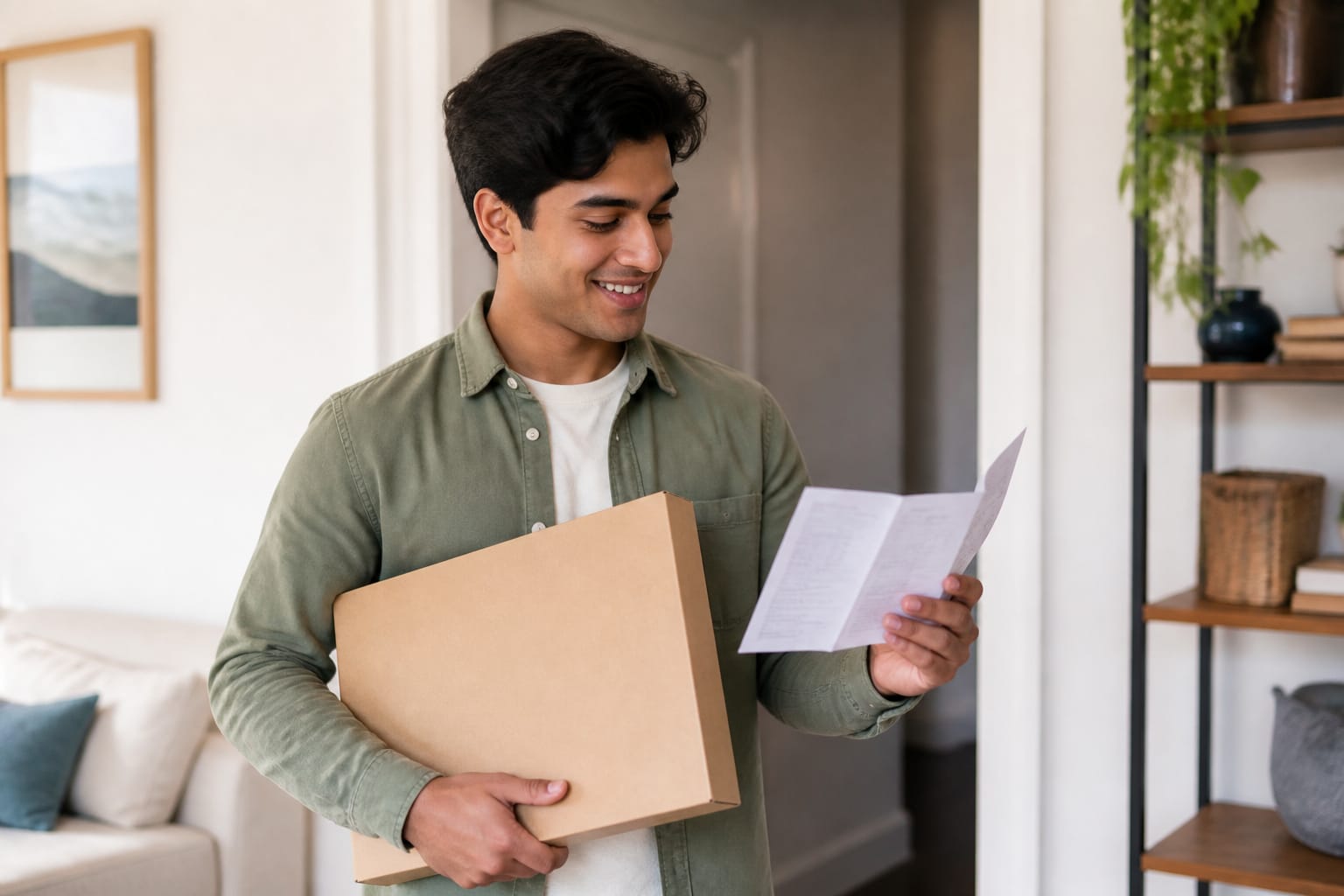 Person holding a laptop box and a warranty paper