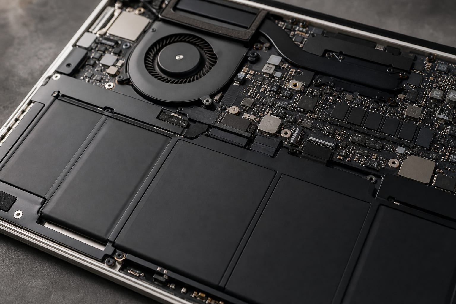 Opened laptop showing battery, fan, and circuit board