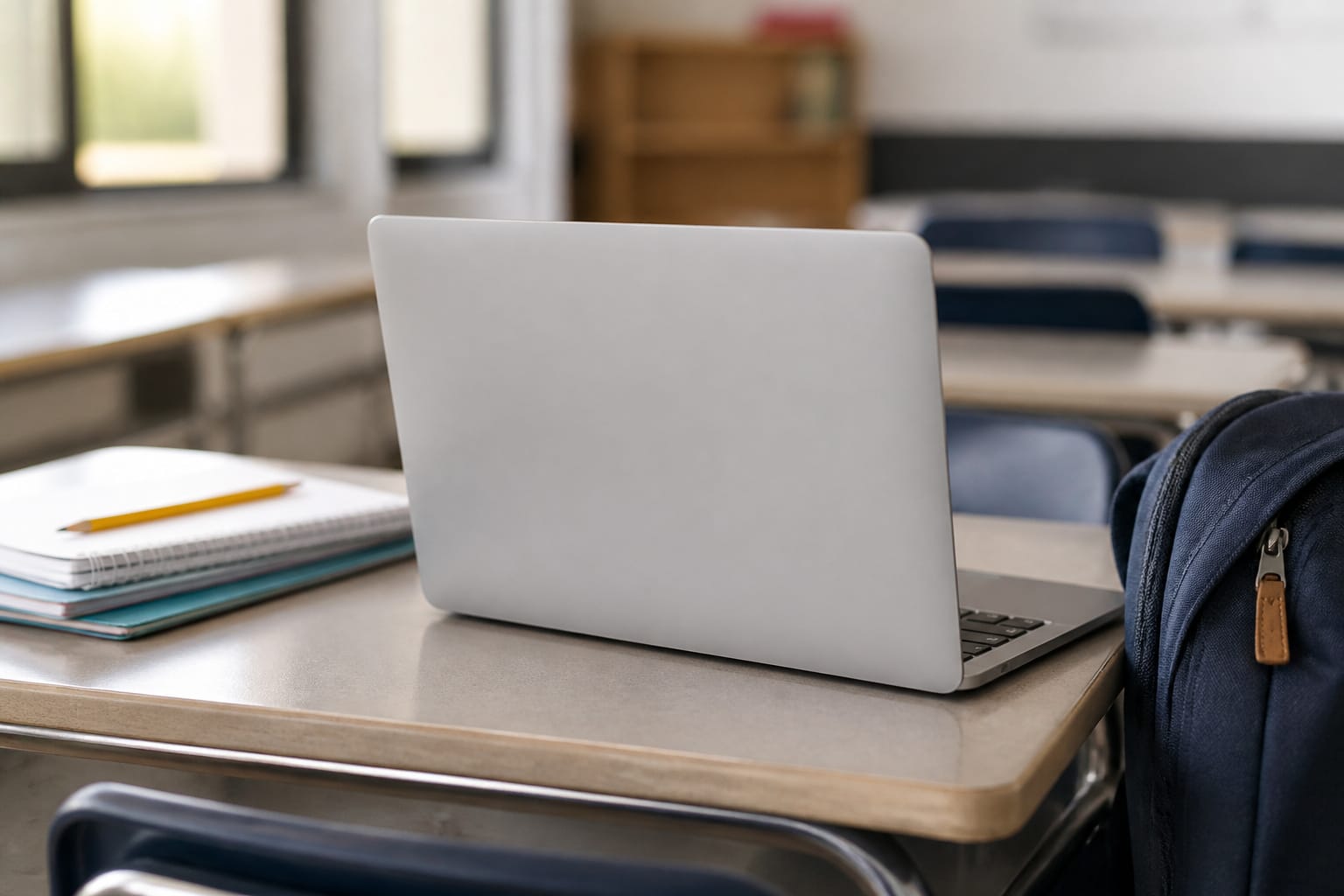 Budget laptop on a school desk with notebooks and a backpack