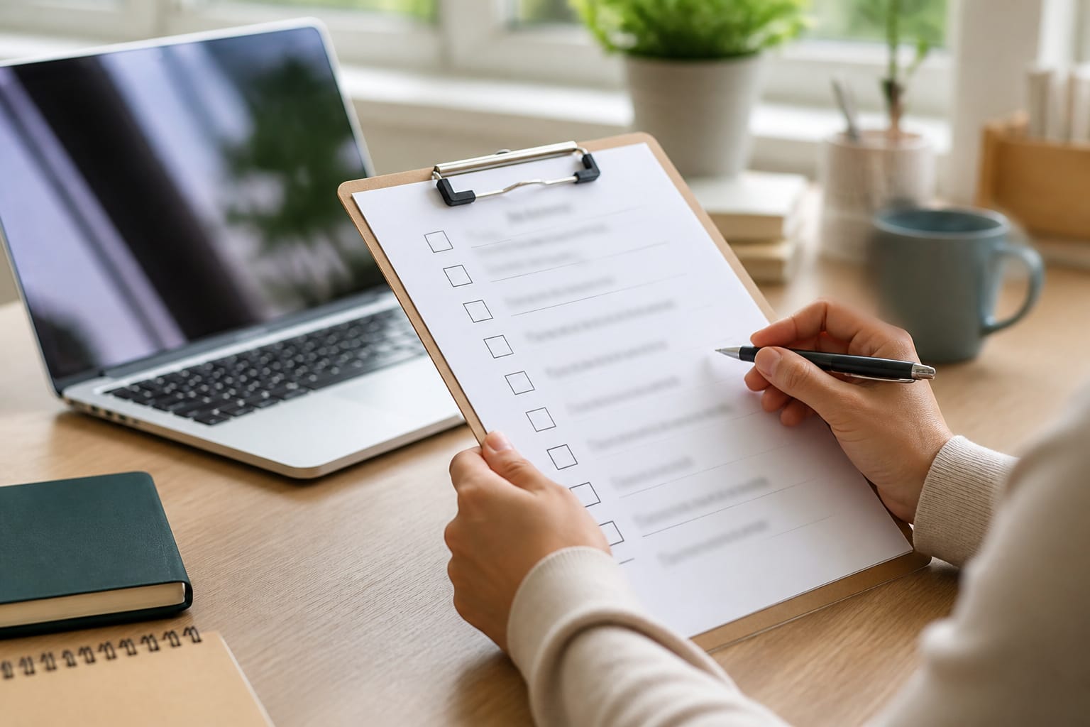 Hands holding a checklist next to a laptop on a tidy desk