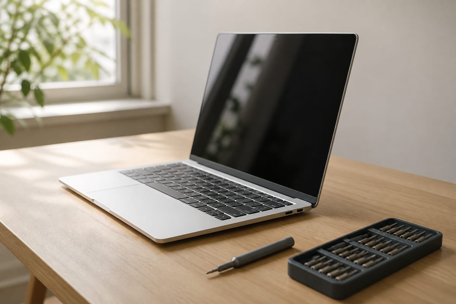 Thin aluminum laptop on a table with a small screwdriver set