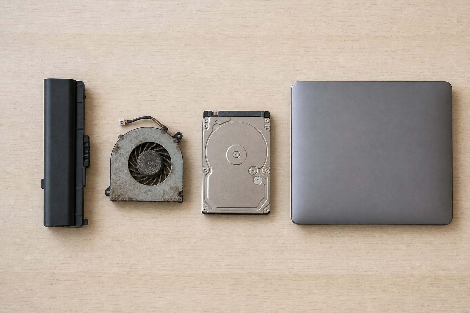 Laptop battery, dusty fan, hard drive, and laptop arranged on a desk