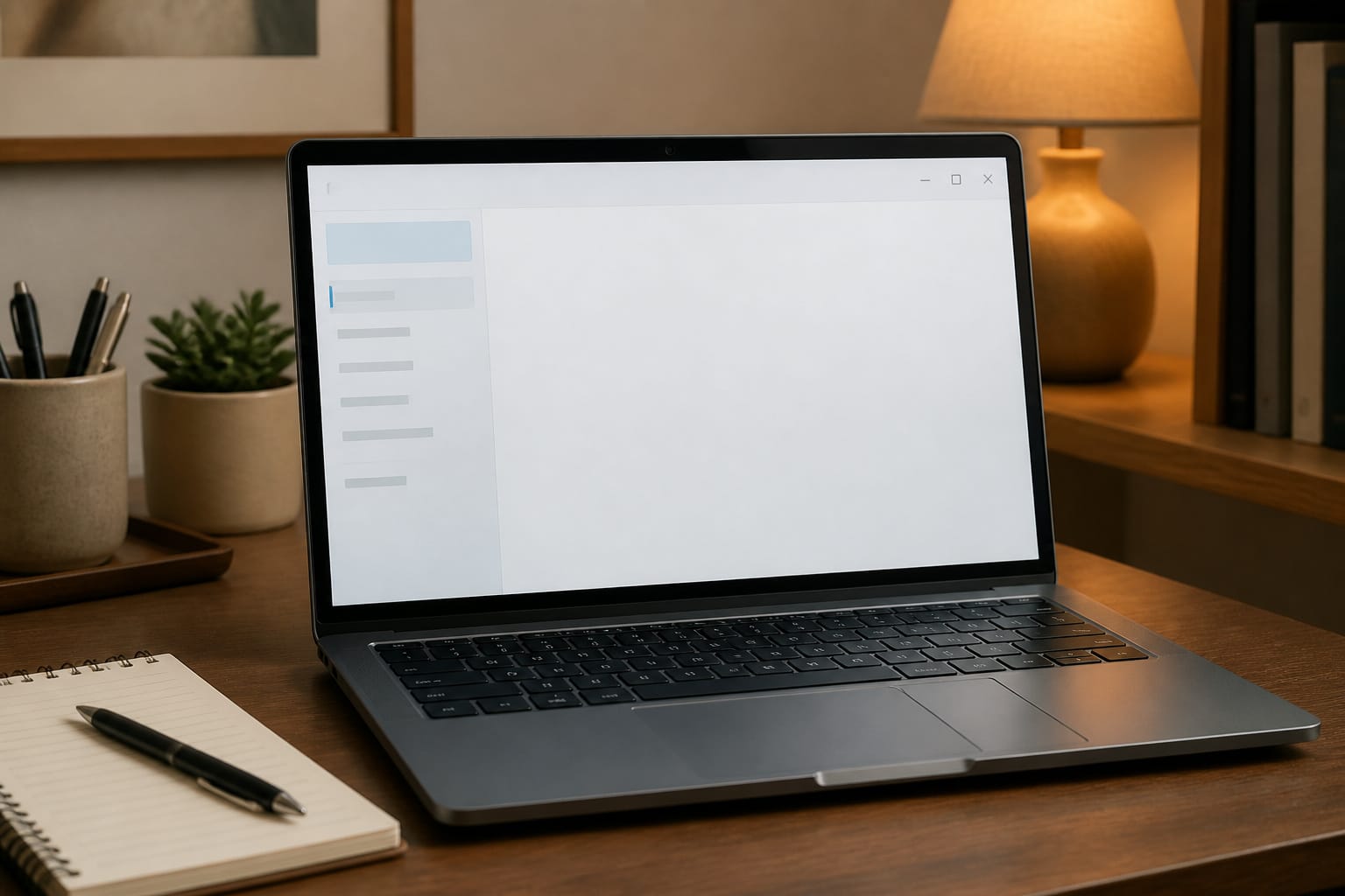 Laptop on a home office desk with a notepad beside it