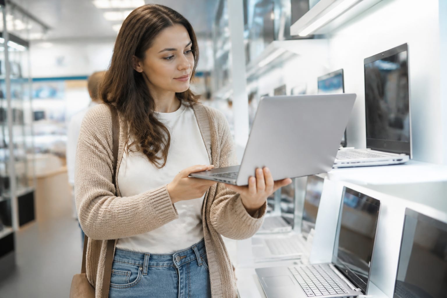 A shopper picking up a laptop in a bright store aisle