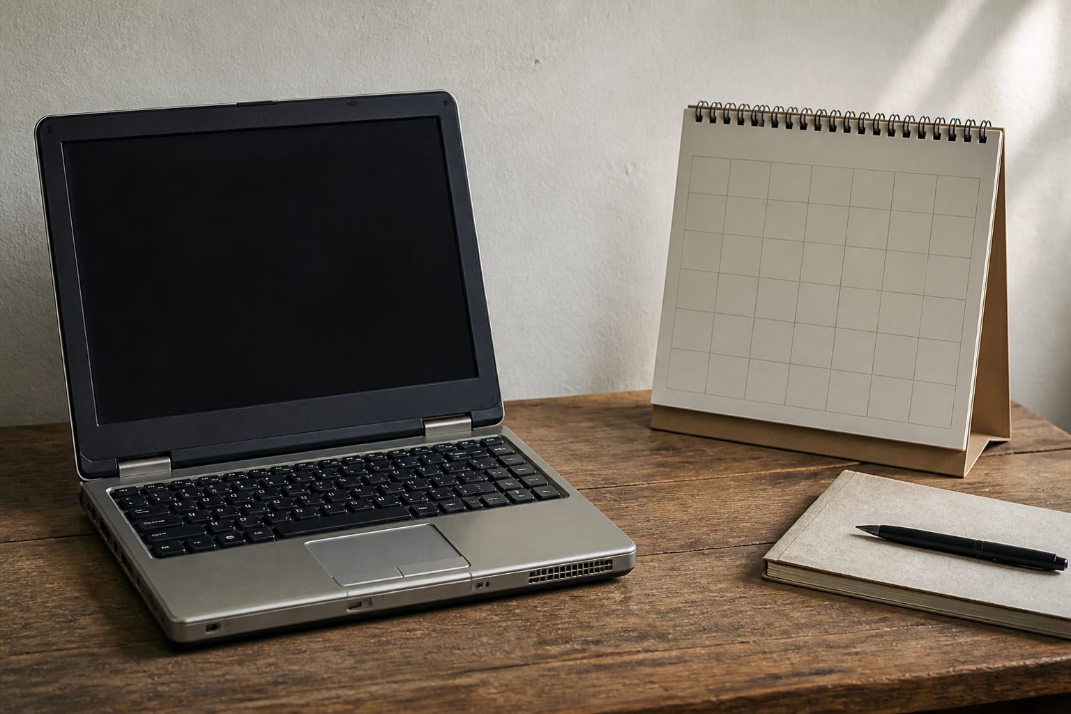 An older laptop beside a wall calendar