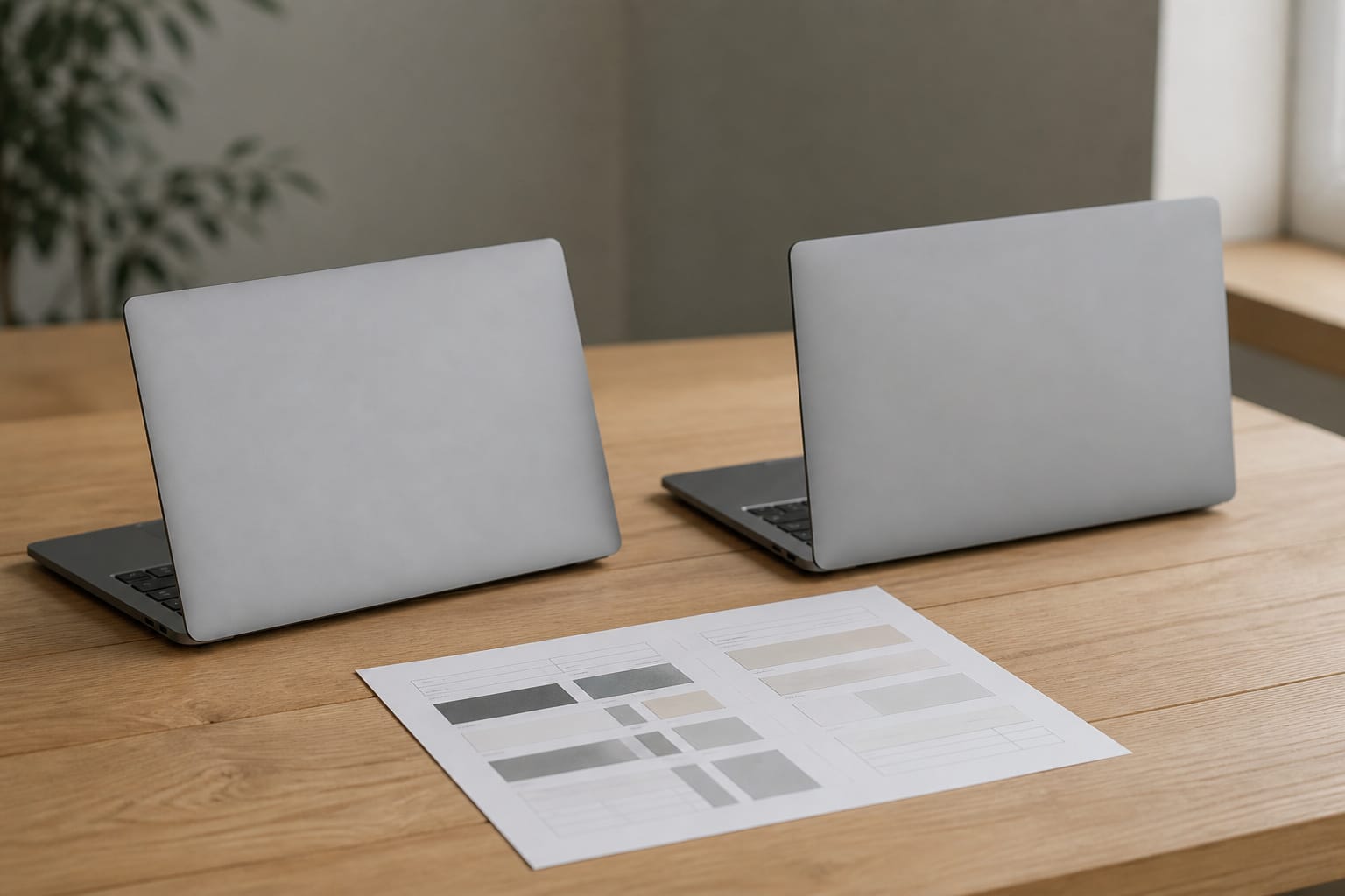 Two laptops with identical shells beside a spec sheet