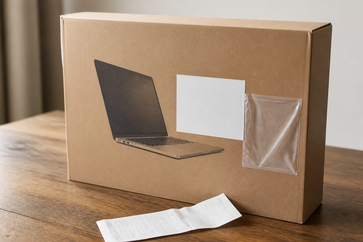 A laptop box with a return label and a receipt