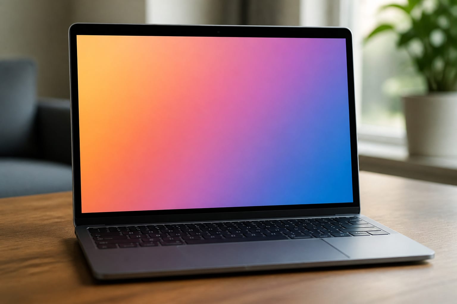 A sharp laptop screen showing a plain bright gradient