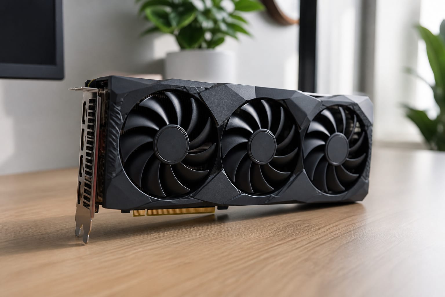 A graphics card on a desk with soft lighting