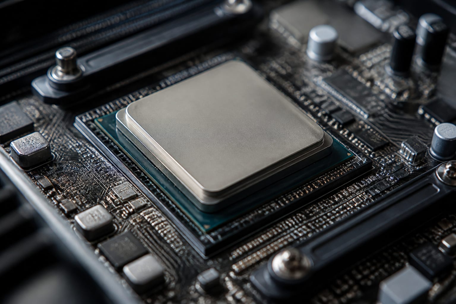 A close-up of a computer processor chip on a motherboard