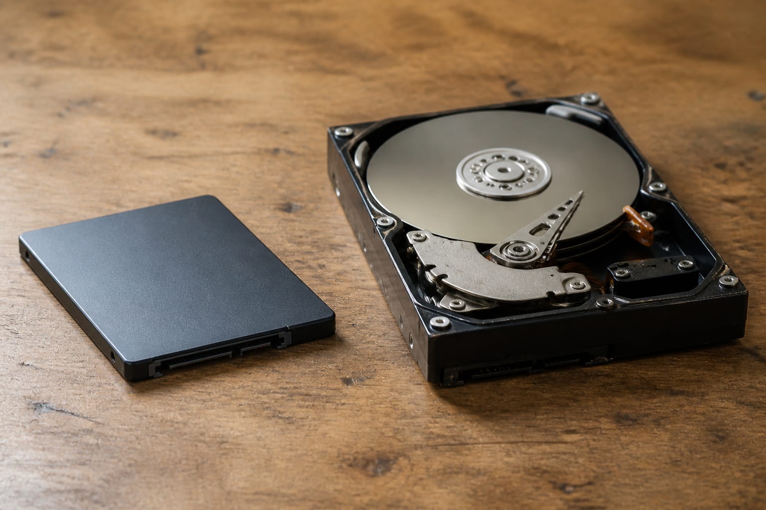 A slim SSD beside an old hard drive on a bench