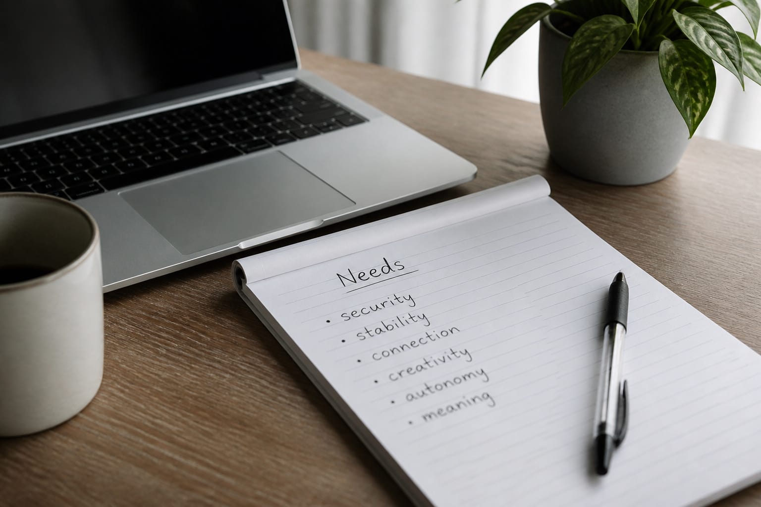 A handwritten needs list beside a laptop