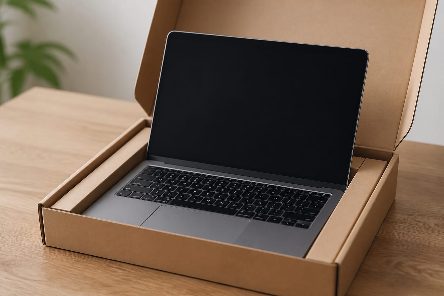 A refurbished laptop in simple packaging