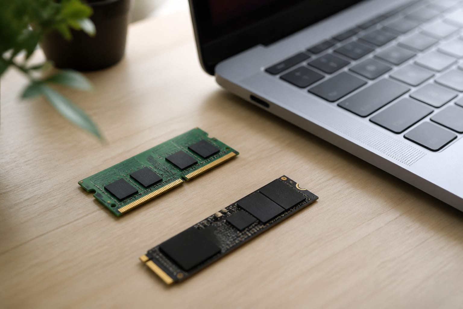 A memory module and SSD arranged beside a laptop