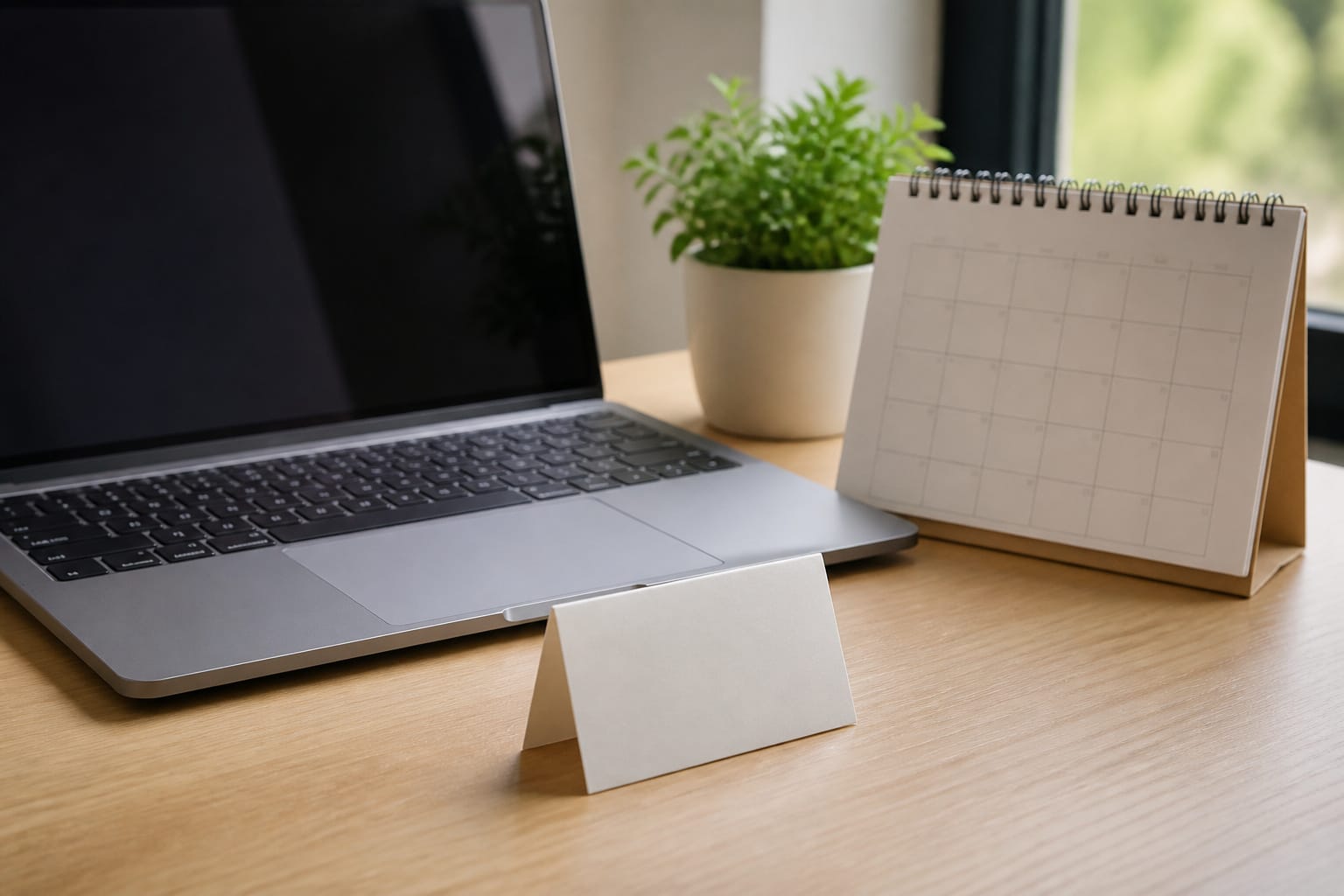 A laptop price tag and a calendar on a desk